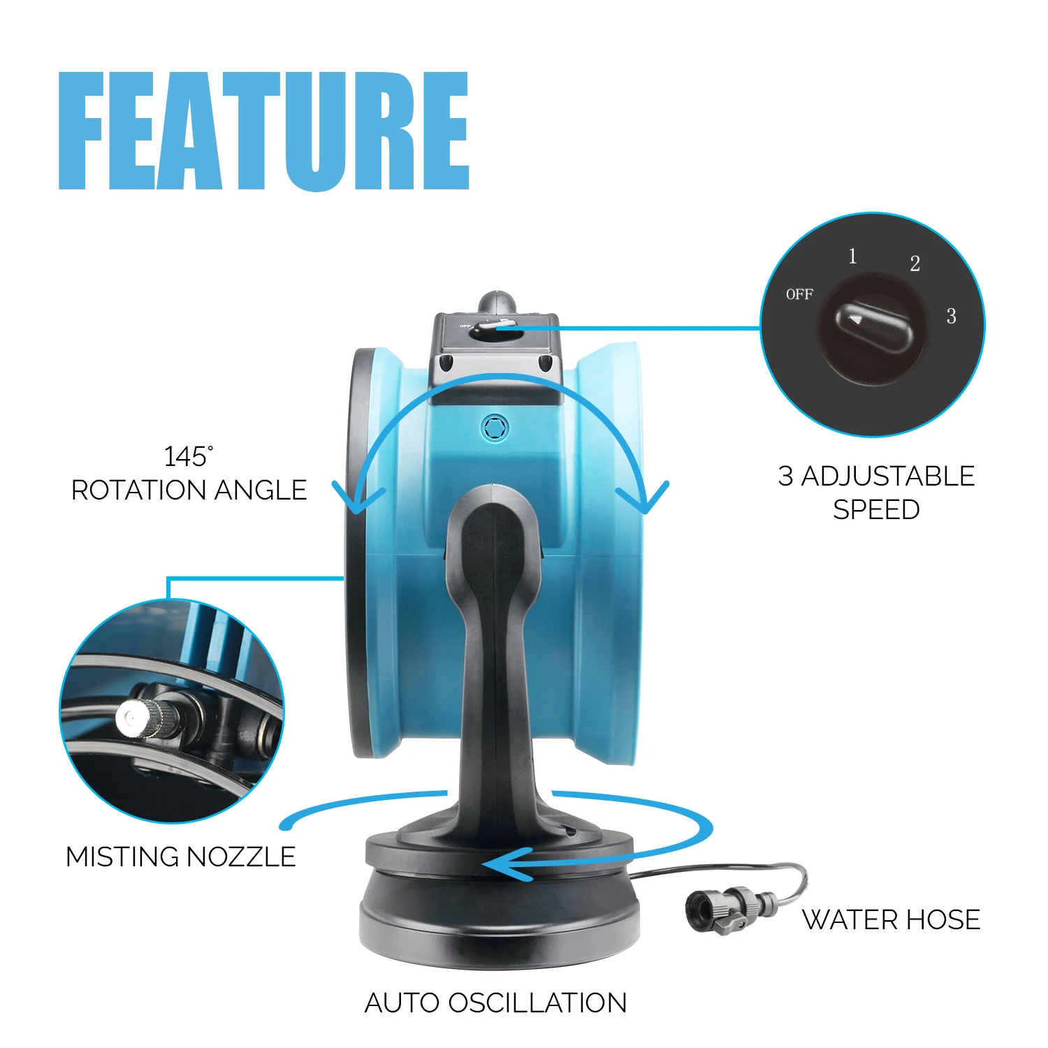 مروحة رذاذ XPower FM-68 تبريد خارجي تتأرجح شديدة التحمل وقوية عالية السرعة مثالية للتخييم والباحات والنزهات والمزيد