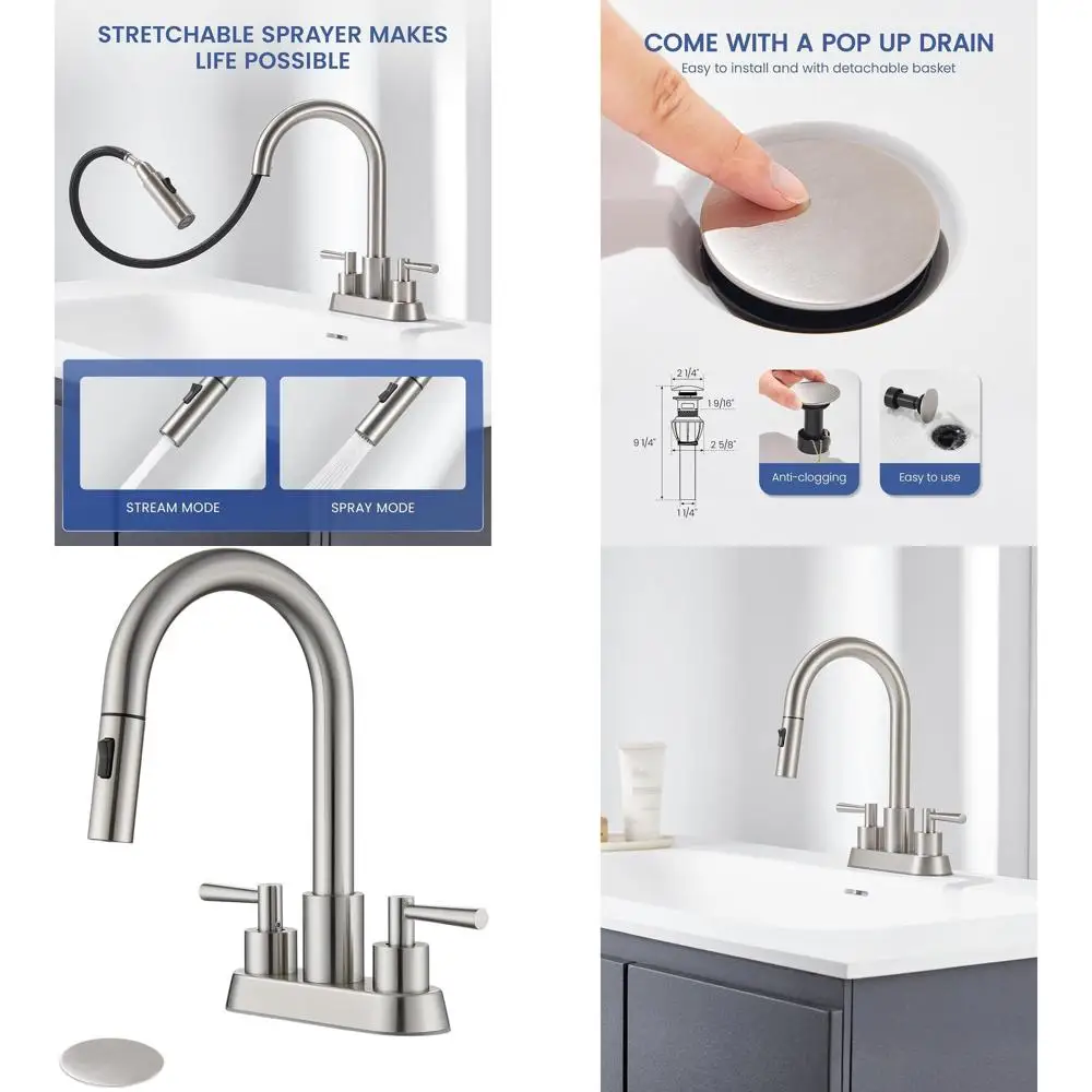 

Two-Handle Pull-Out Spray Brushed Nickel Faucet with 360 Swivel Spout & Pop-Up Drain for 4 Sink