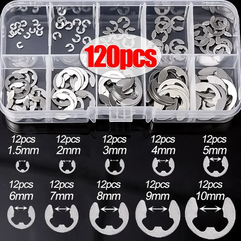 120pcs Stainless Steel Retaining Circlips Shaft External Retaining Rings E Clip Snap Circlip Washers For Shaft Fastener 1.5-10mm