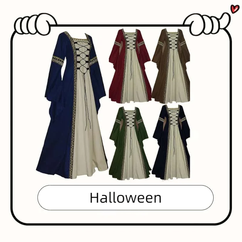

Платье макси в европейском стиле с квадратным вырезом и длинными рукавами-колокольчиками на шнуровке и оборками, готическая винтажная женская одежда, силуэт для похудения