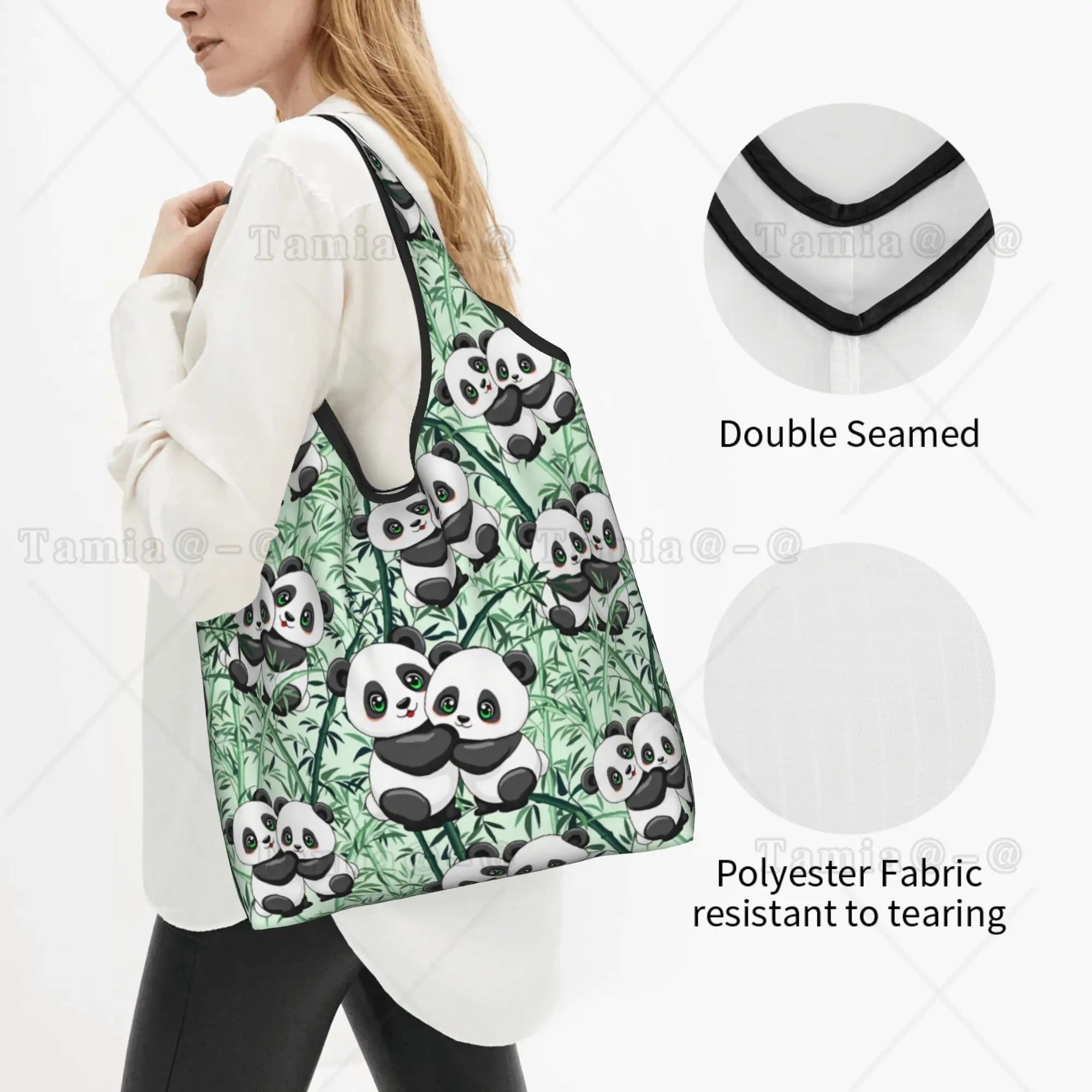 Kawaii Cute Pandas in Love on Bamboo Shopping Tote Bag Portable  Grocery Shopper Shoulder Bag