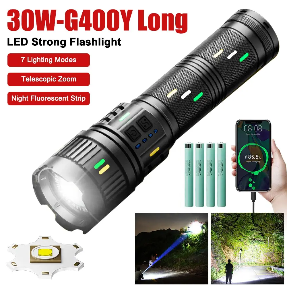 

30W High Strong Power Flashlights Tactical Emergency Spotlights Telescopic Zoom Built-in Battery USB Rechargeable Camping Torch