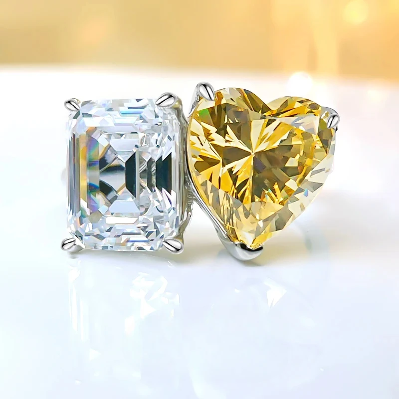 

Luxury Double Stone Love Color Contrast 925 Sterling Silver Ring with High Carbon Diamond Versatile Wedding Jewelry Wholesale
