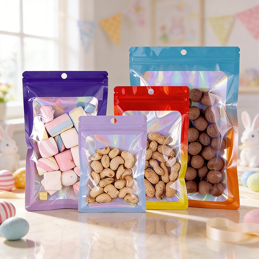 ホログラフィックカラースクエアジッパーバッグ、食品グレードの - Food In Snacks のレビューと価格
