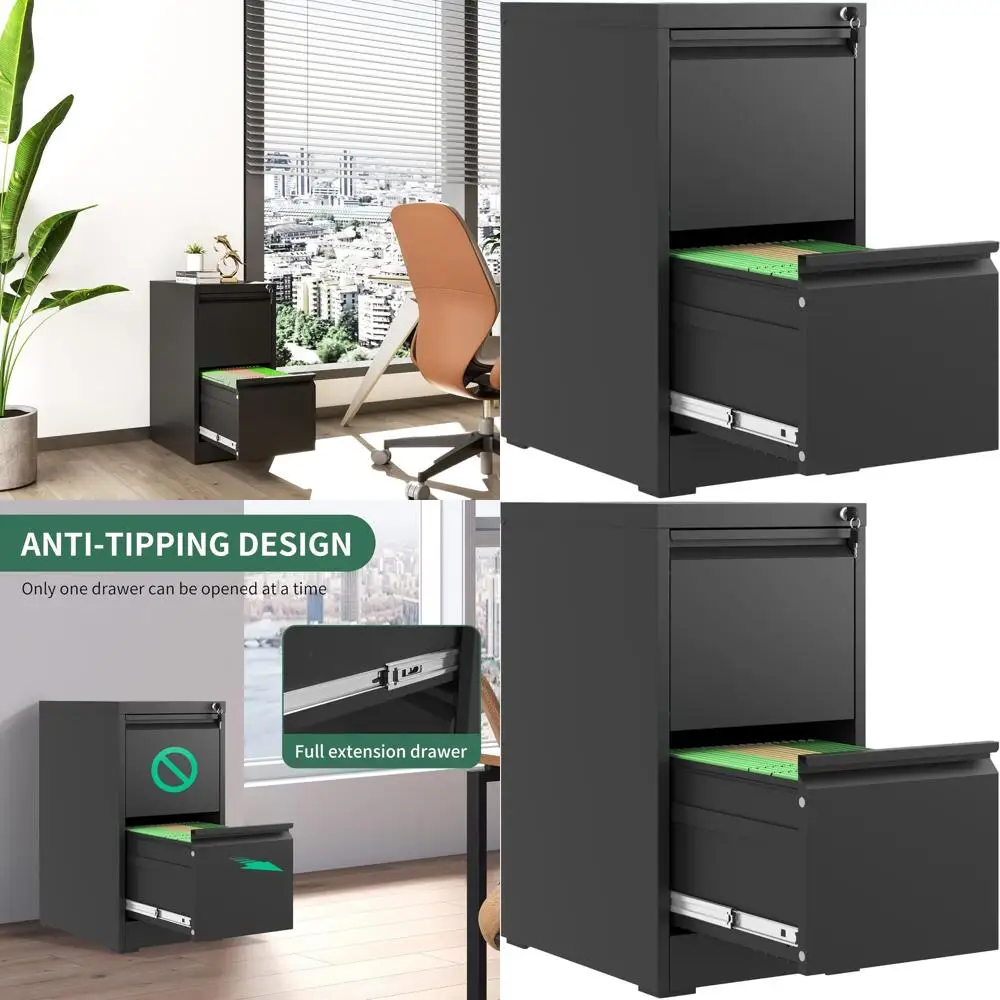 

Lockable Black Metal File Cabinet, 2-Drawer Vertical Storage for Home Office, Suitable for A4/Letter/Legal Files, Assembly Neede