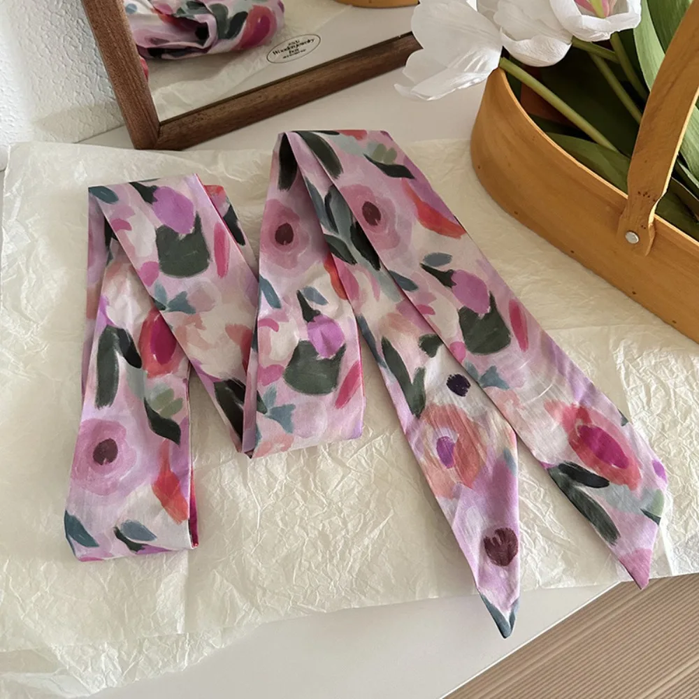 

Multifunction Cotton Oil Painting Scarf Flower Field Tulip Extended Long Ribbon Vintage Polka Dot Scarf Headband Wedding