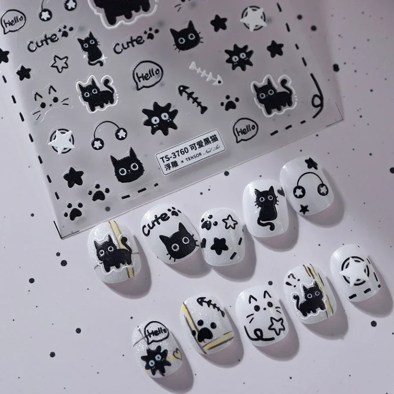 Lovely Black Cat Fishbone White Stars Music Earphones Embossed Relief Self Adhesive Nail Art Stickers Cute Kitten Manicure Decal