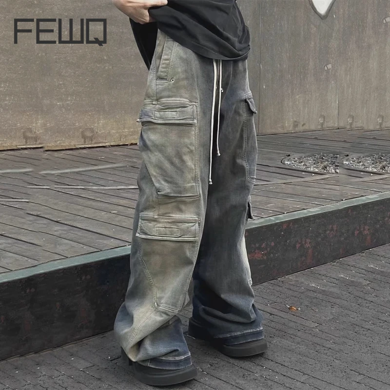 

FEWQ Men Jeans Wash Multiple Pockets Wide Leg Flared Trendy American Workwear Cargo Pants 2023 Vintage Male Trousers 24X1611