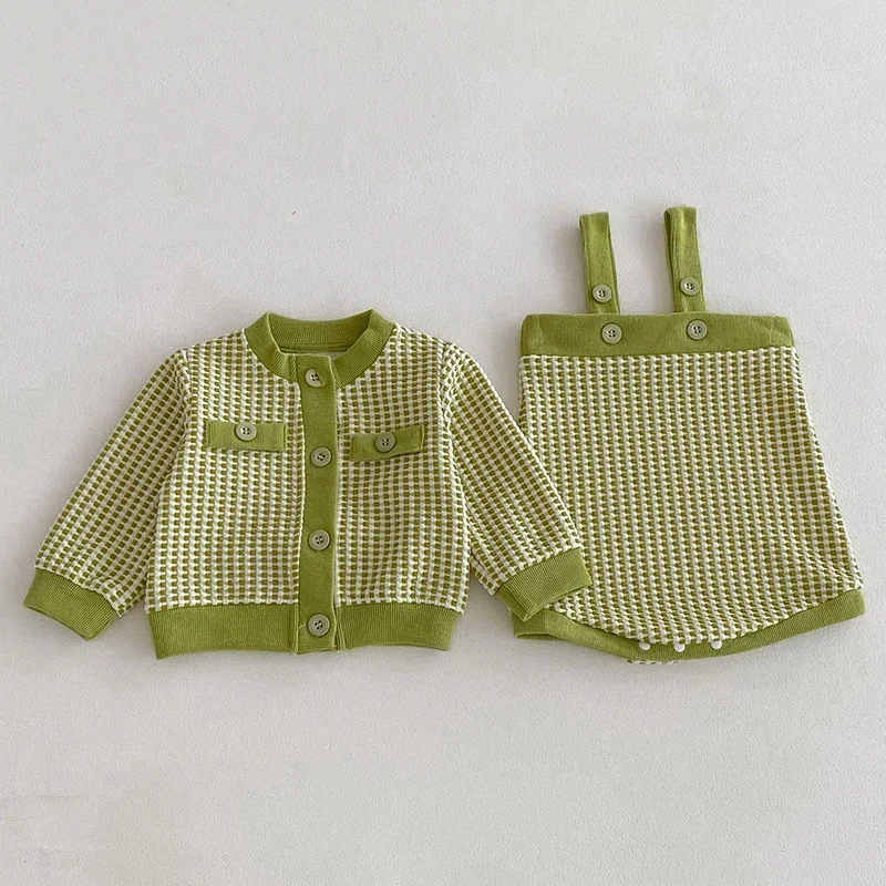 2024 nuovo autunno neonate abbigliamento Set maniche lunghe Cardigan reticolo + tuta bambino neonata vestiti vestito