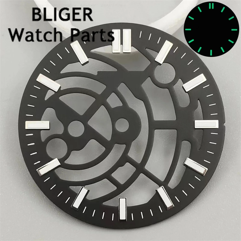 BLIGER 31mm Black watch dial Green luminous dial fit NH70 NH72 movement fit 3 o'clock crown 3.8 o'clock crown 4.5 o'clock crown