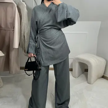 Fashion Solid Turkish Lace-up Top and Wide Leg Pants Two Piece Set Muslim Abayas for Women Moroccan Islamic Casual Kebaya Clothing
