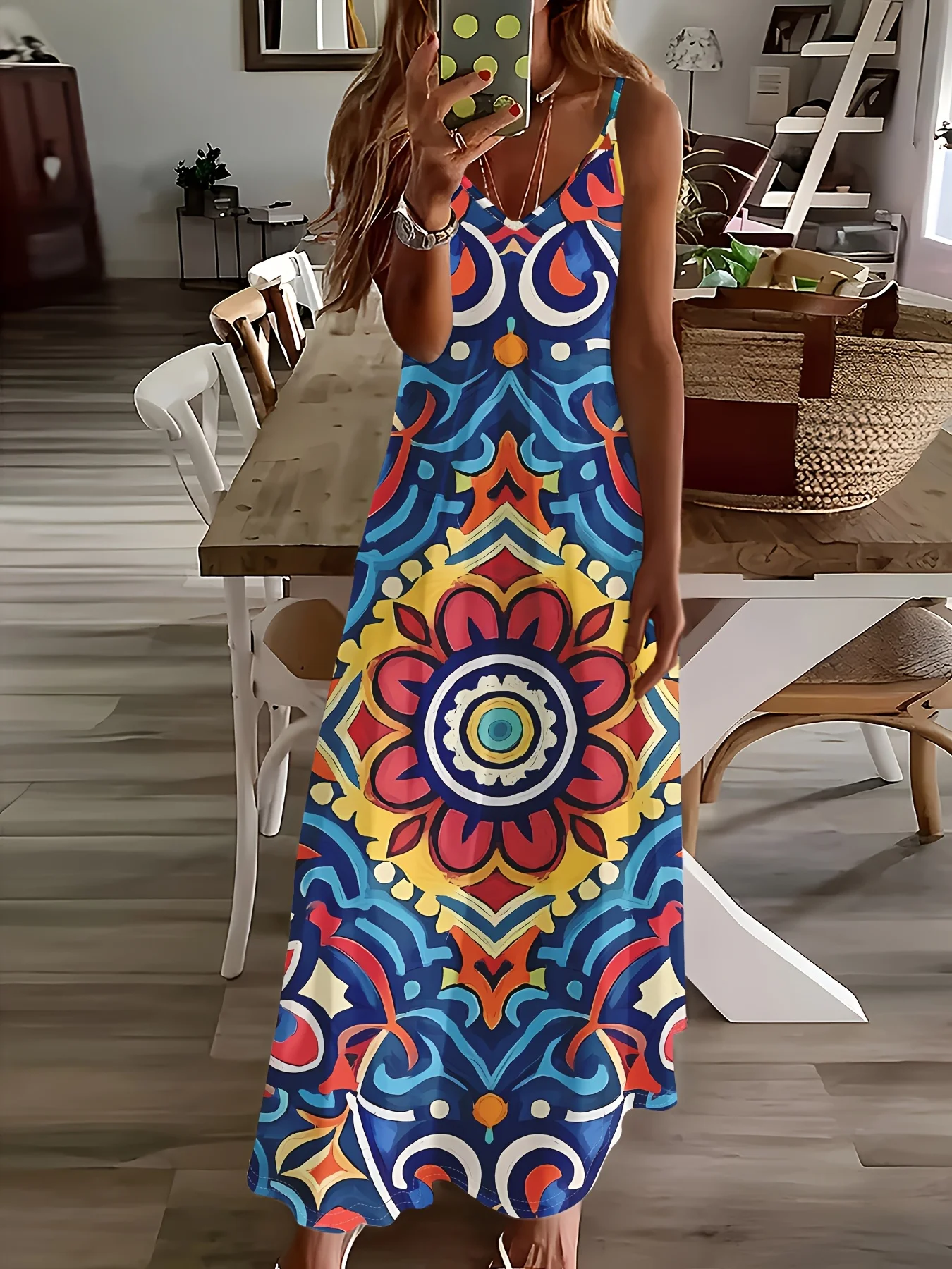 

Платье-слип с принтом, контрастным геометрическим цветочным узором и полной цветовой гаммой