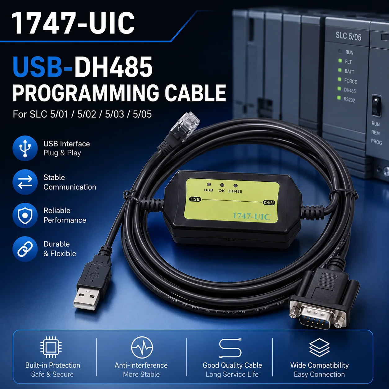 1747-UIC 3M USB-DH485 PLC Programming Cable, 12V Download Adapter for Allen Bradley SLC 5/01 5/02 5/03 5/05