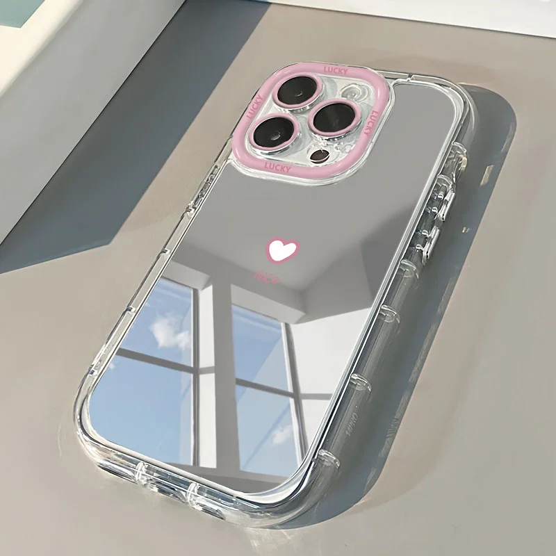 Minimalist Love Heart Air Cushion Mirror Phone Case For iPhone 17 15 14 16 Pro Max 13 12 11 Pro XR XS 7 8 Plus 17Air INS Cover