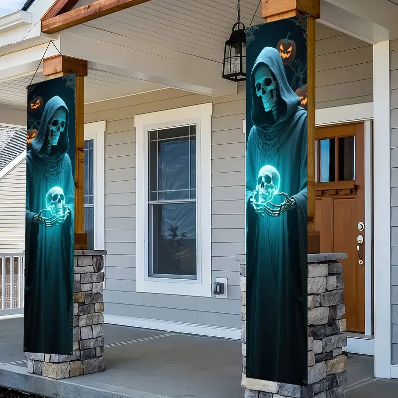 لافتة حفلات،، أزواج تزيين حفلات الهالوين، لافتات معلقة ثنائية الأبعاد بتصميم هيكل عظمي بأردية سوداء وشخصيات بغطاء للرأس #1