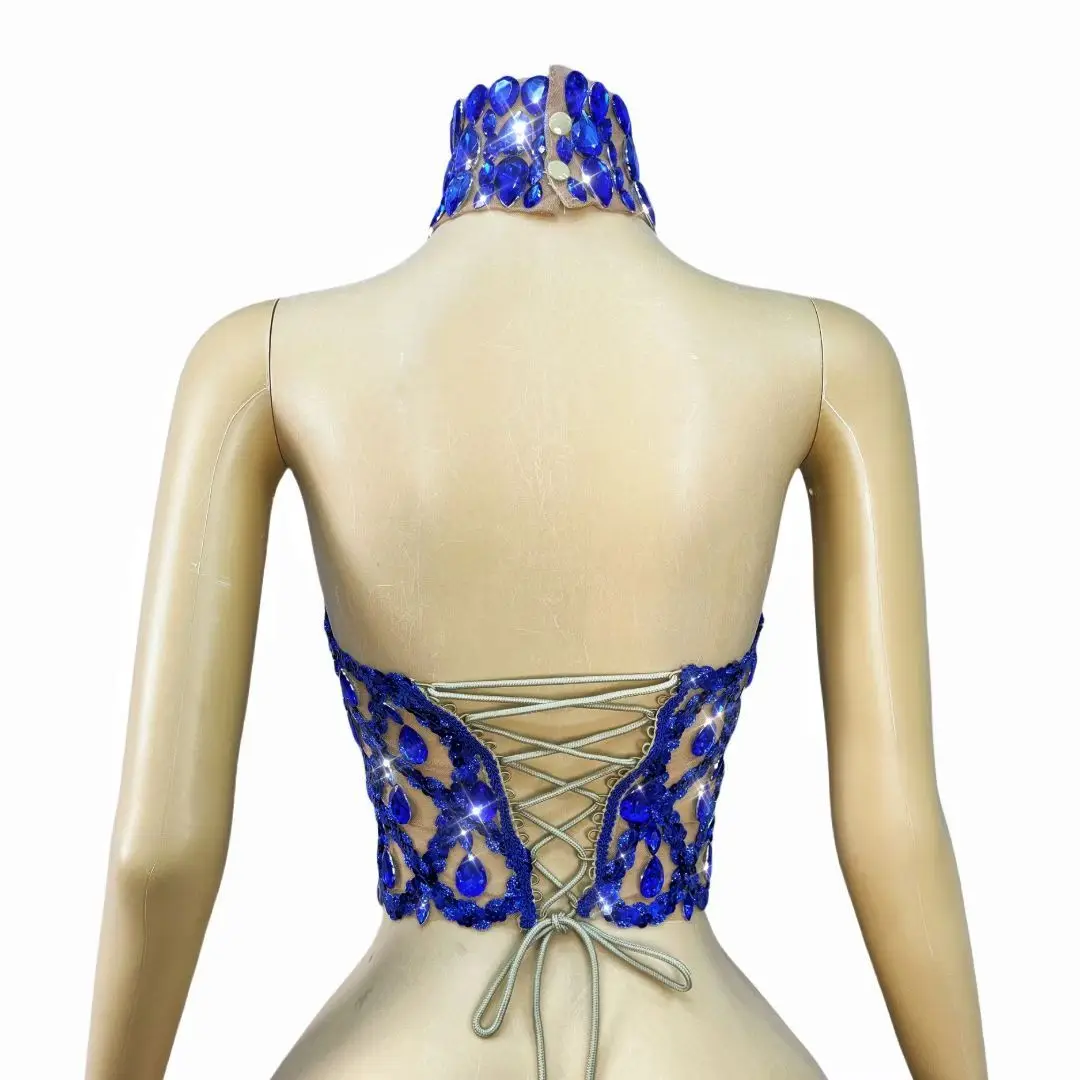 Shaokaojia-corsé ajustado con diamantes de imitación, color azul brillante, Sexy, sin espalda, transparente, Top corto de malla, traje de actuación de bailarina de Bar