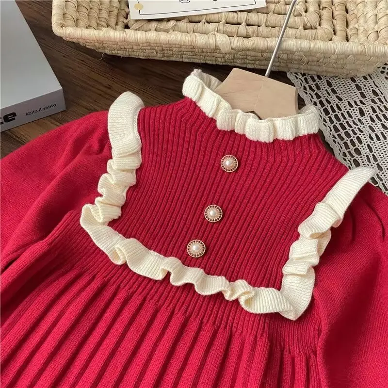 New Year Red Girl Knitting Wool Long Sleeve Princess Dress Autumn Winter New Warm Sweater Dress Kid Christmas Casual Clothes