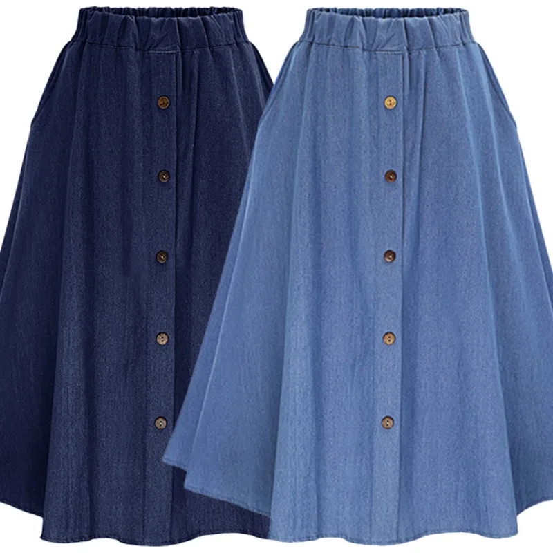 Women\'s High Waist Button Pleated Midi Skirt With Elastic Waist Midi Denim Skirt Button Front Loose Skirts