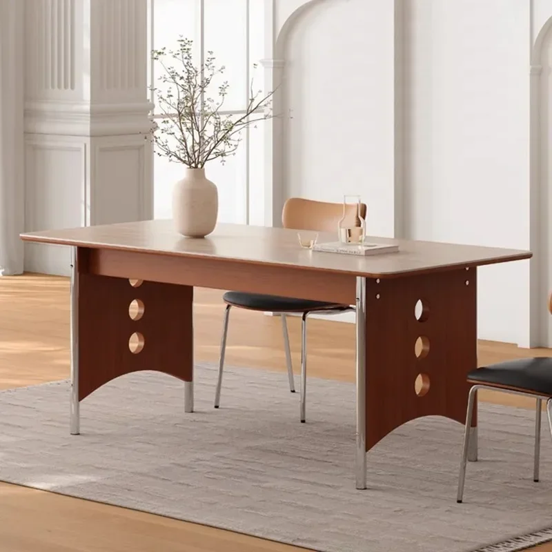 Travertine rock slab dining table and chairs French retro medieval rectangular household small apartment new dining table