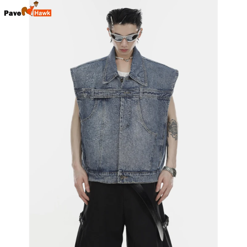 American Denim Vest Mens Retro Trendy Buttons Shoulder Pads Sleeveless Cowboy Jacket Lapel Solid Color Streetwear Male Tops