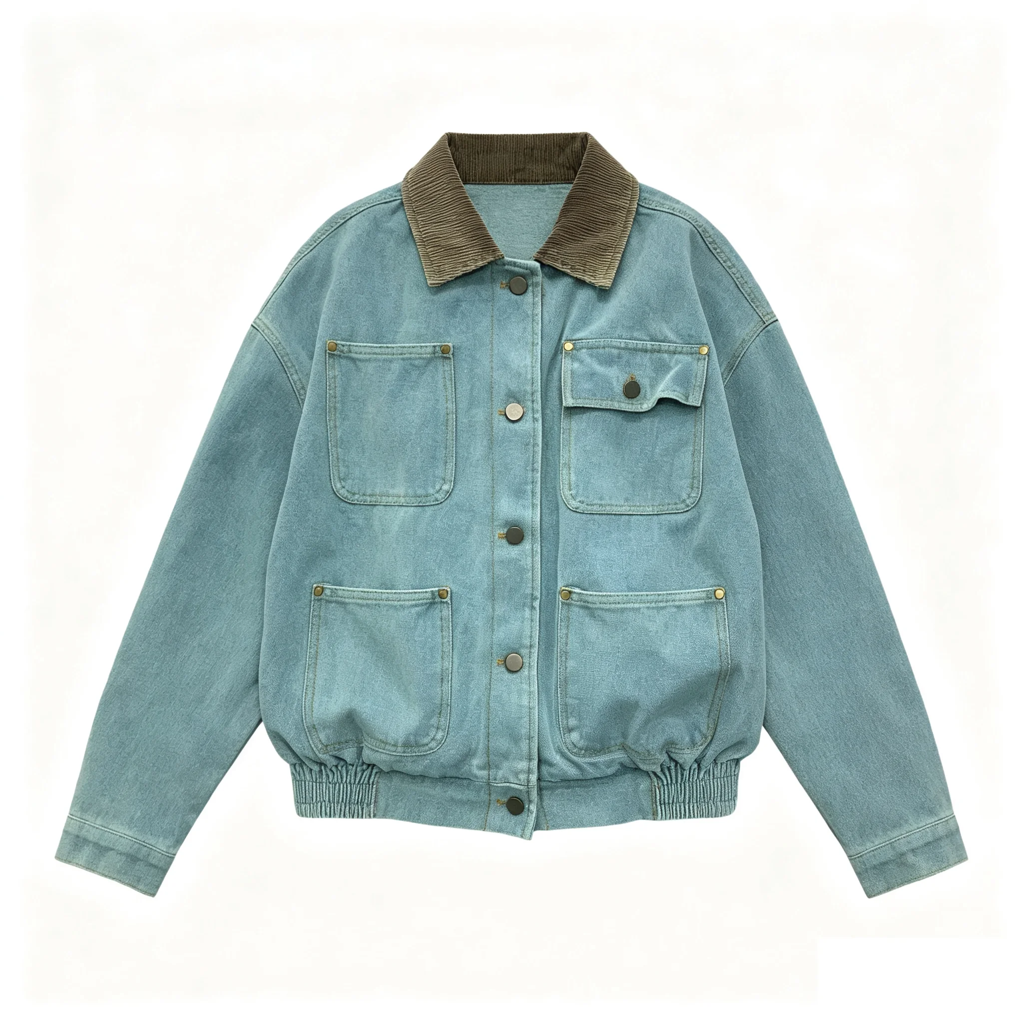 American-style retro water-washed multi-pocket denim jacket women stylish distressed short and wide fit collar jacket trend Y2K