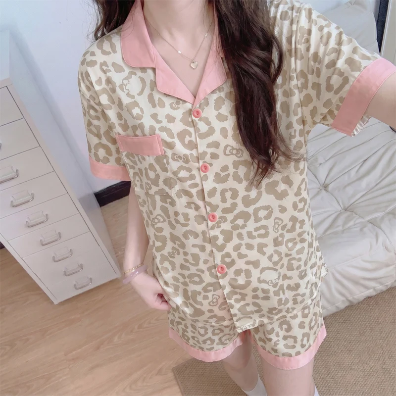 Women Satin Pajama Set Cute Leopard Print Pink Sleepwear Short Sleeve Shorts 2 Piece Sleepwear Sweet Korean Loungewear Homewear