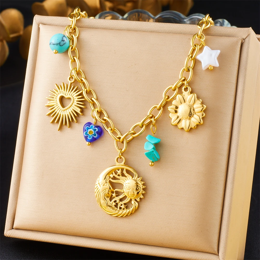 DIEYURO 316L Stainless Steel Flower Calaite Heart Sun Multiple Pendant Necklace For Women New Fashion Neck Chain Jewelry Gift