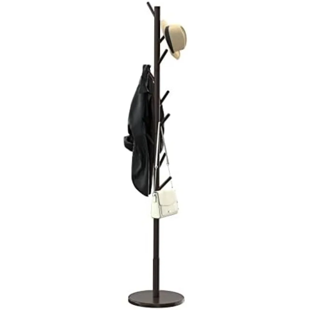 

Wooden Freestanding Coat Tree with 4 Height Options and 9 Hooks, Sturdy Coat Rack Stand for Clothes/Bags/Hats,Easy Assemble