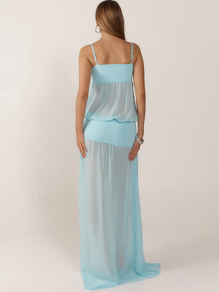 Oniflyme 스파게티 스트랩 쉬어 맥시 드레스 여성 가운 패치 워크 민소매 백리스 이브닝 파티 드레스 streetwear sexy vestido