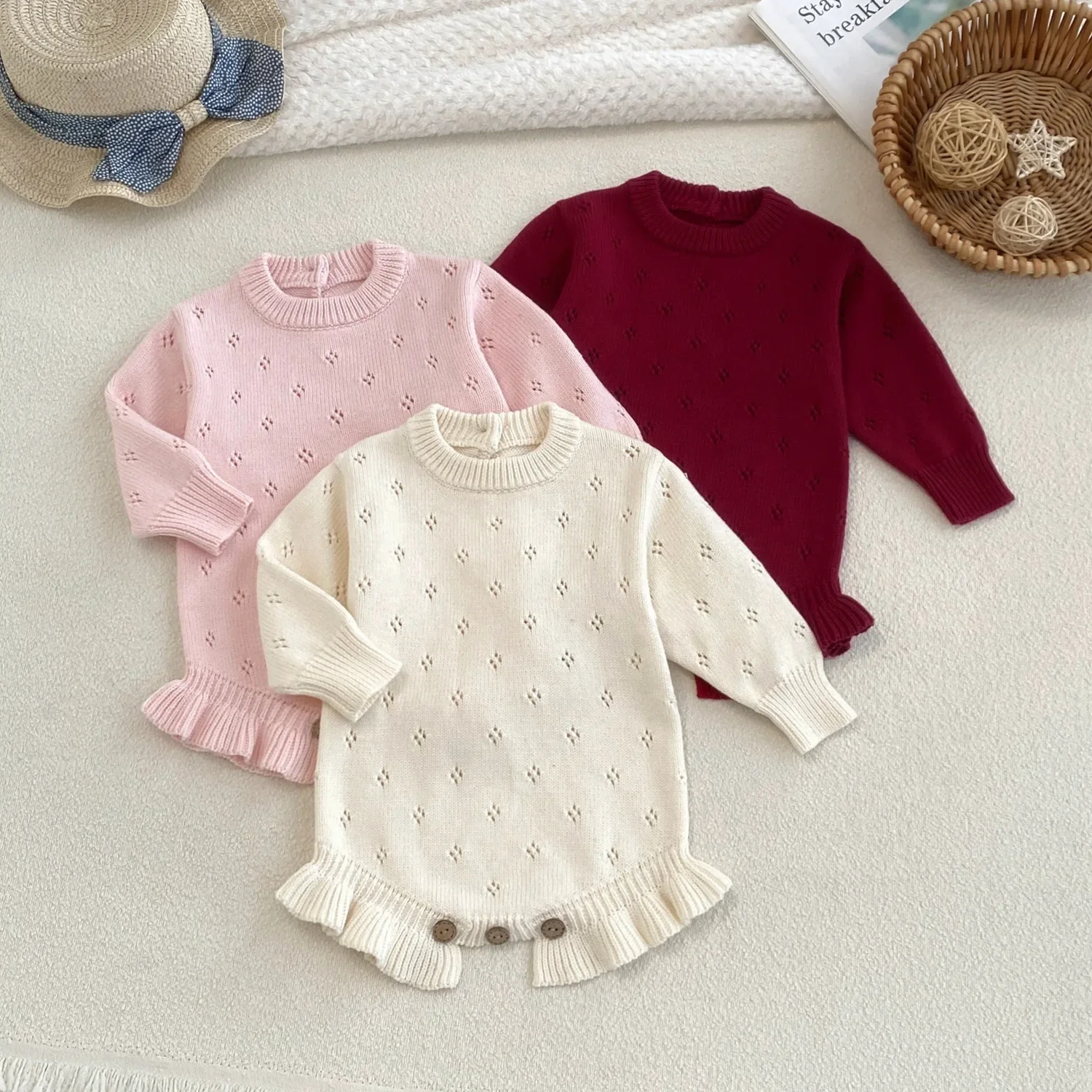 0-24M Newborn Baby Girl Romper Autumn Winter Warm Kint Clothes Long Sleeve Sweater Thick Bodysuit Cute Sweet Outfit