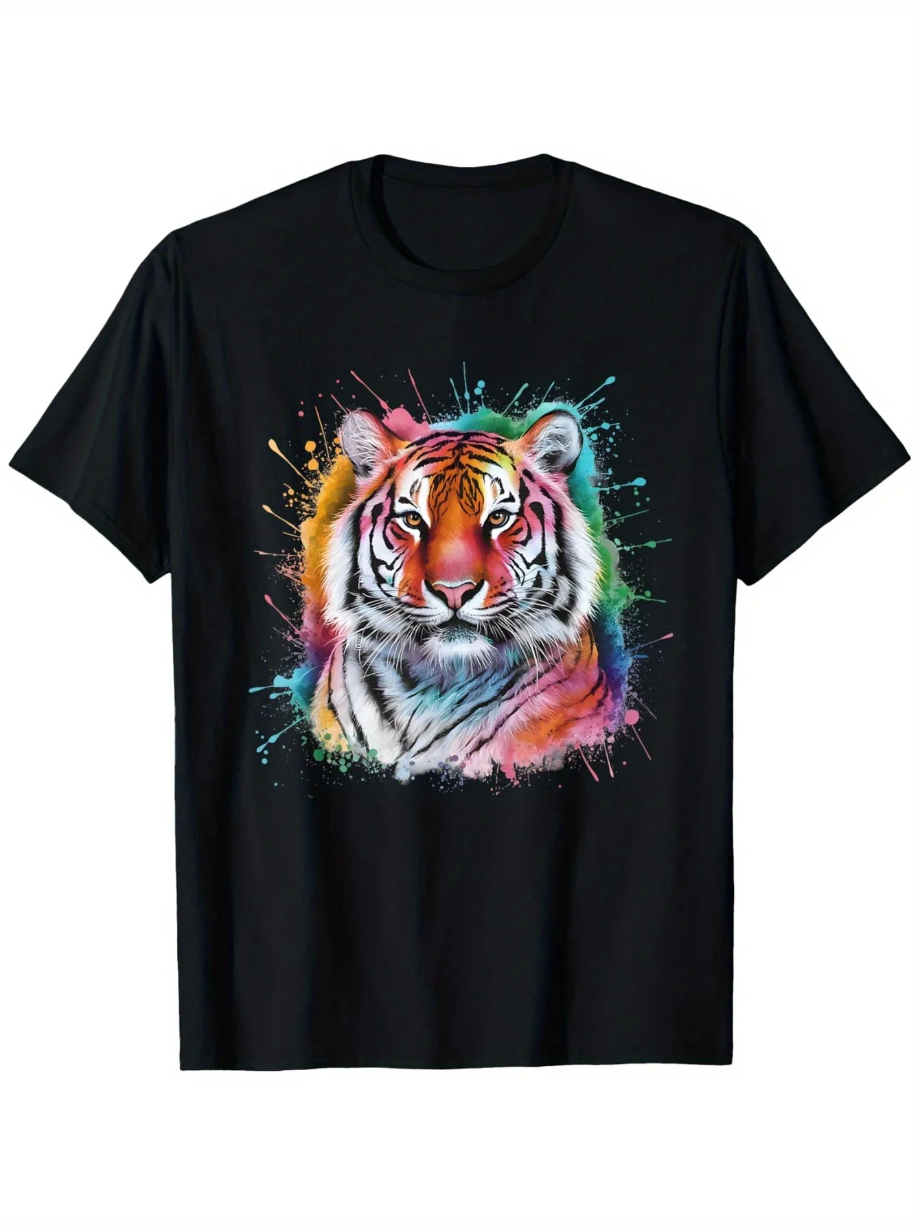 Trendy Men's Black Graphic T-Shirt Colorful Tiger Face Splash Paint Wildlife Portrait Art Print 100% Cotton Heavyweight Short Sleeve Casual Streetwear Tee