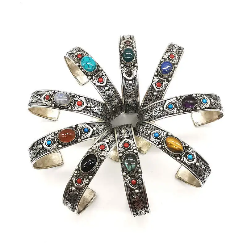 Tibetan Jewelry Copper Inlay Natural Stone Bead Wide Open Cuff Multi Stones 2024 Fashion Trend BB-007