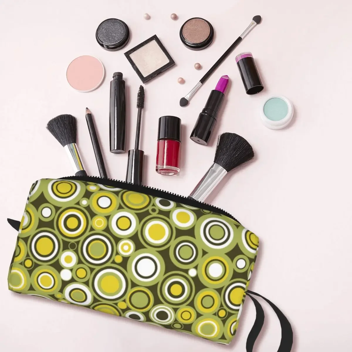 Custom Green Yellow And White Circle Retro Pattern Cosmetic Bag Women Large Capacity Makeup Case Beauty Storage Toiletry Bags