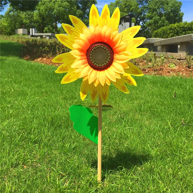 1PCS Sunflower Windmill Colorful Pinwheel 25cm Wooden Pole Stake Yard Ornament Flower Spinner Outdoor Picnic Garden Yard Decor