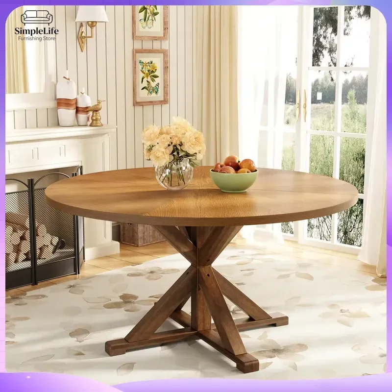 59 Inch Solid Wood Round Dining Table for 6-8 People Farmhouse Style Wooden Pedestal Base Modern Rustic Kitchen Dining Room