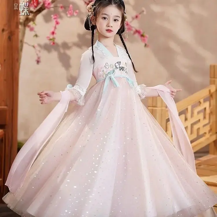 Girls Hanfu Summer Ancient Princess Dress 3T-6T-8T-12T New Spring and Autumn Performance Clothing Children\'s Ancient Tang Dress