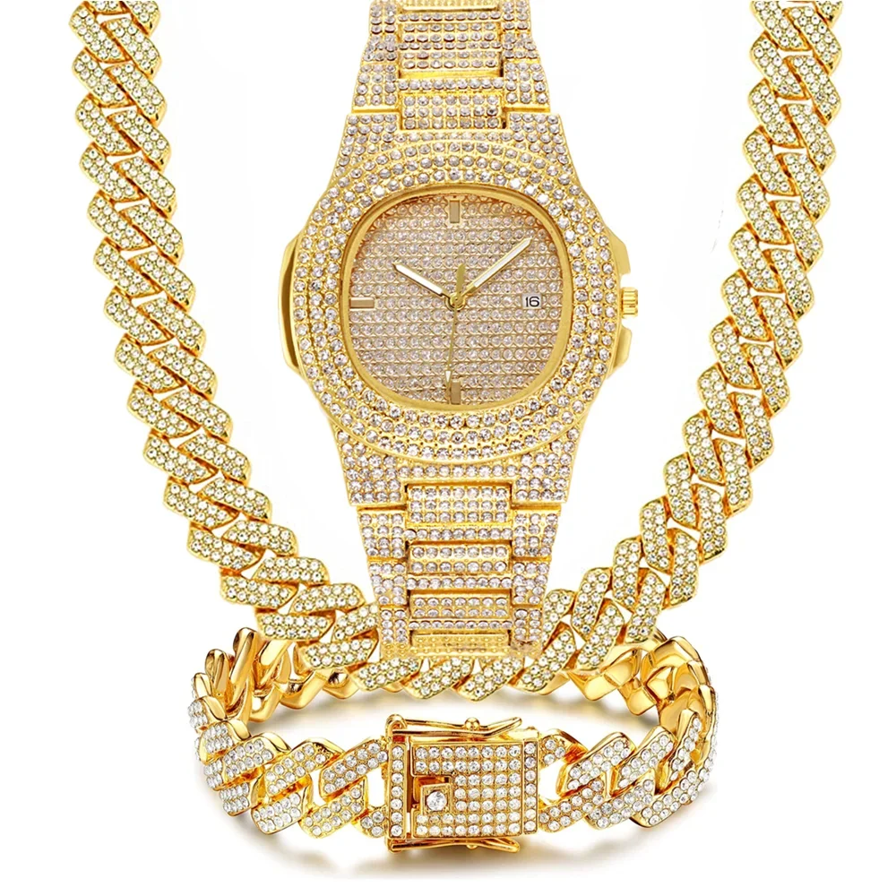 

3 шт. модный комплект ювелирных изделий 15 мм Bling Iced Out кубинское ожерелье календарь часы браслет для женщин праздничные подарки на день рождения повседневная одежда