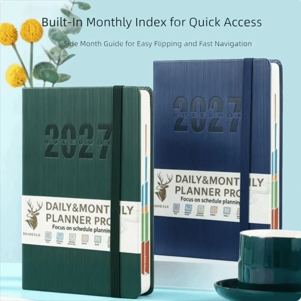 A5 Size Daily Planner Notebook Thick Paper Leather Cover Time Management Journal To Do List Multi-Color Hardcover Planner Book