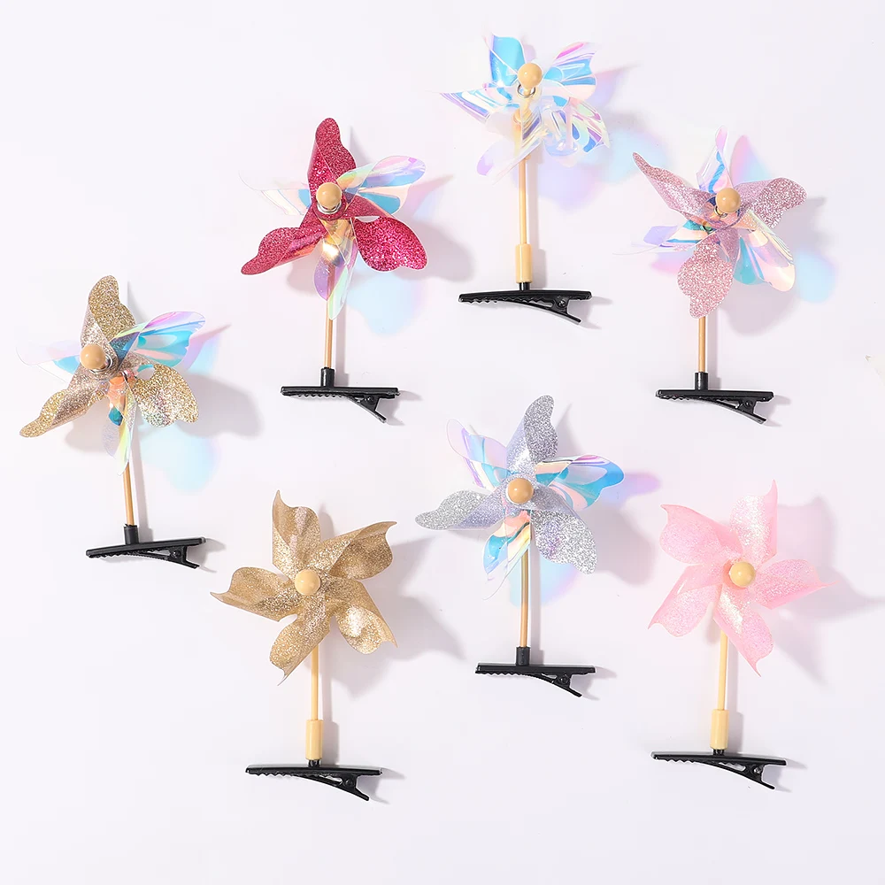 2pcs Y2K Style Barrettes Colorful Windmill Hairpins Rotatable Little Girls Taking Photo Hair Clip Windmill Headwear for Children