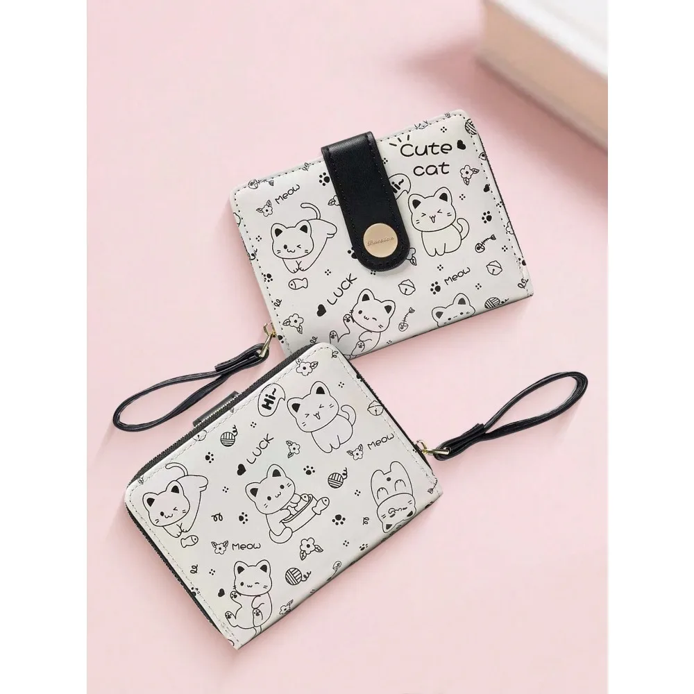 

New Korean Style Folding Buckle Short Women's Wallet, Japanese Cute Cat Cartoon Integrated Card Holder, Student Bag, Zipper Coin