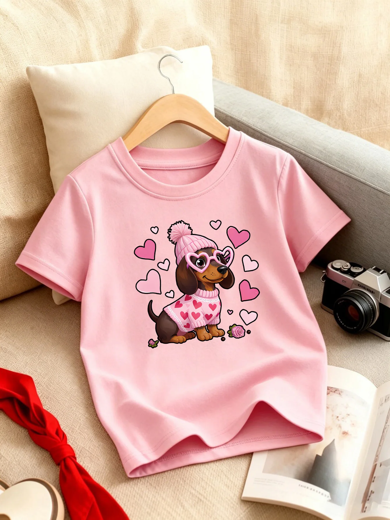 Sweet Heart Dachshund Puppy Cartoon Print Boys Girls Family Matching Cotton Short Sleeve Crew Neck Soft Summer Kids Casual Tees