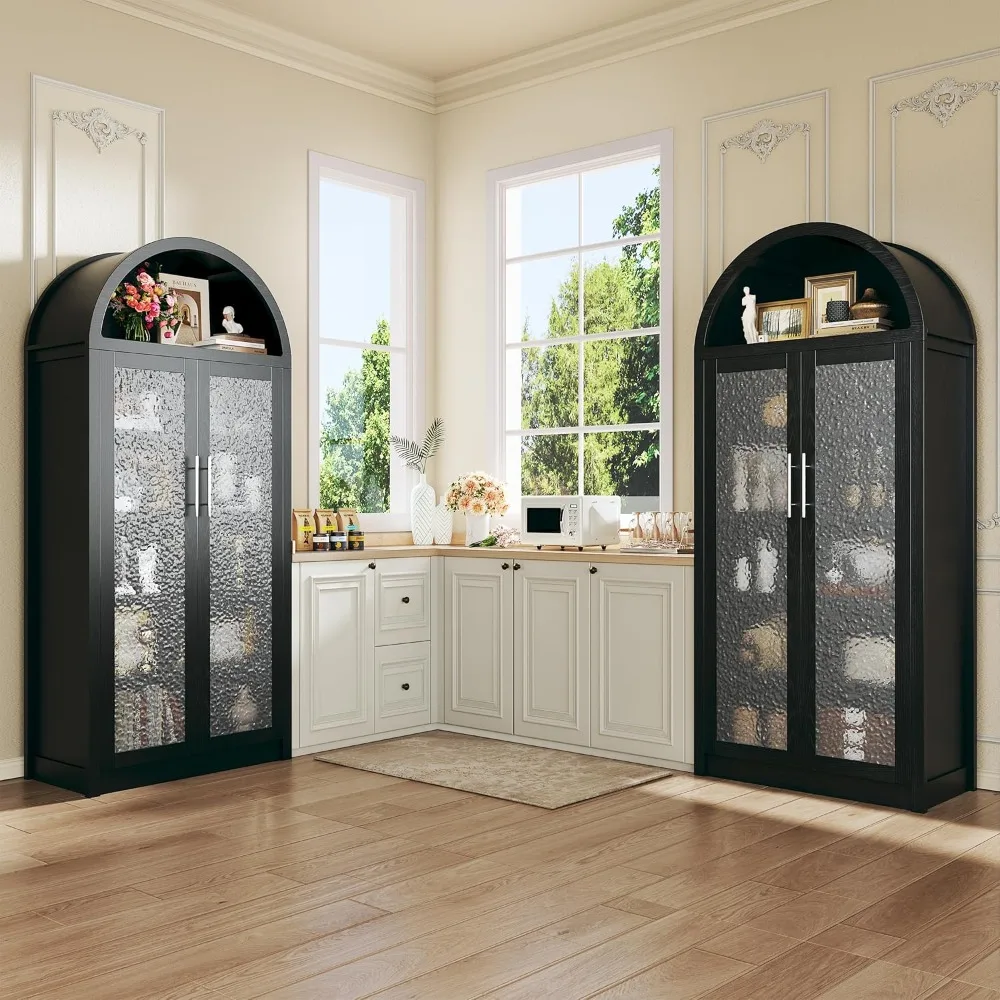 خزانة مقوسة طويلة مع 3 أضواء ملونة، خزانة تخزين مخزن المطبخ مع أبواب زجاجية وأرفف قابلة للتعديل، حديثة من 6 طبقات