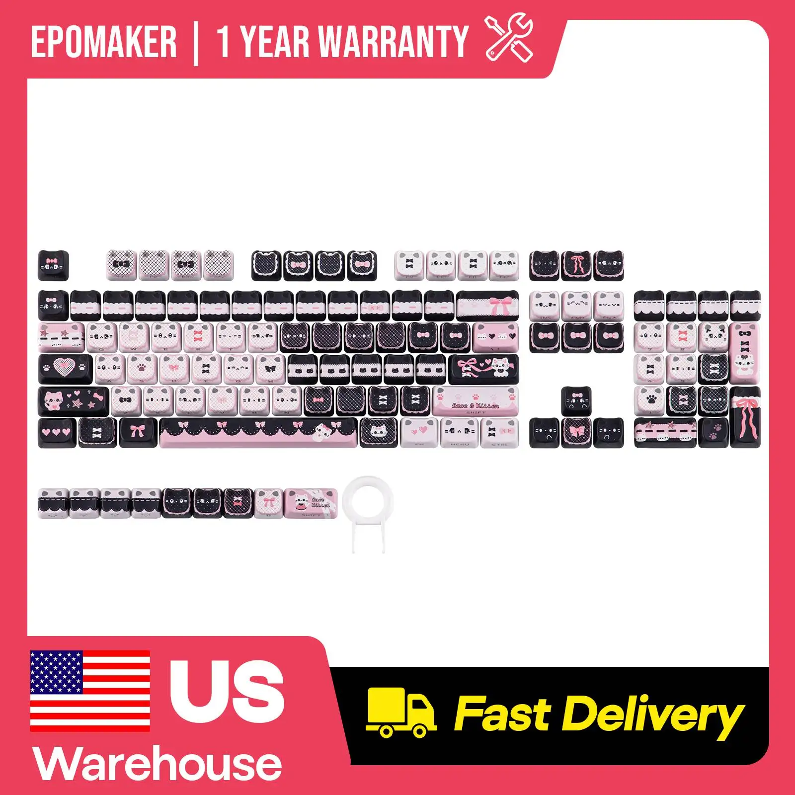 

KiiBOOM Pink Meow / Meow Bow Keycap Set 113 Shine-Through MAO Profile Keycaps for 60%/65%/75%/TKL/96%/Full-Sized Keyboard