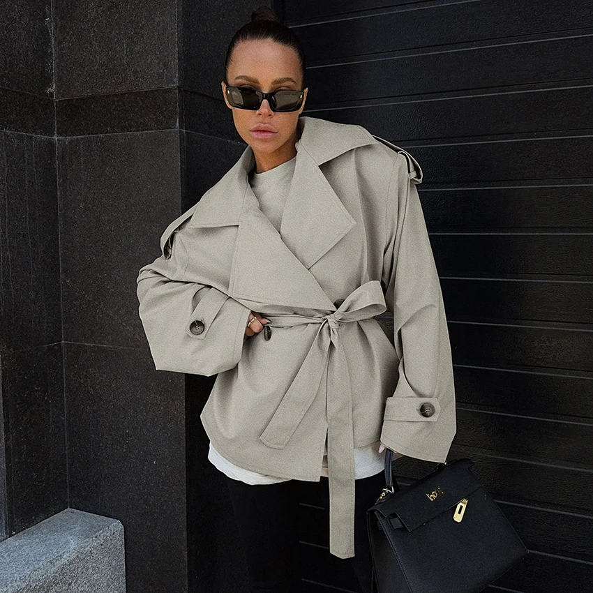

Linad Street Chic, светлые куртки цвета хаки, офисное лоскутное пальто на пуговицах для женщин, осень 2025 г., топы на шнуровке, верхняя одежда в стиле сафари