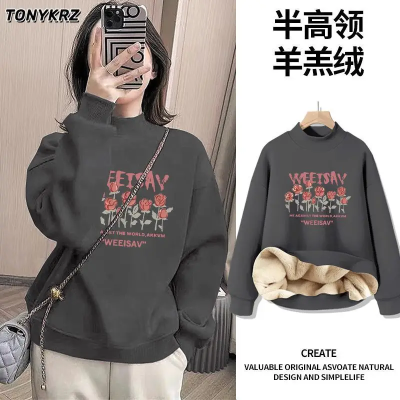 Half High Collar Plus Fleece Hoodie for Women Popular New Item Thick Lamb Fleece Warm Top