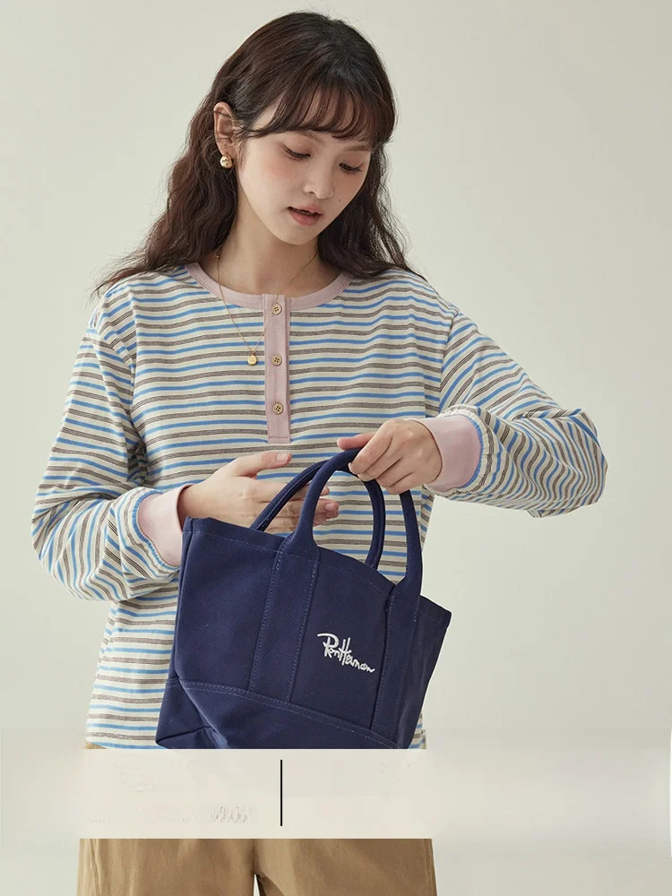 AMUU Original Long Sleeve Striped T-Shirt Women's Winter New Cotton Pure Button up Top Korean Style Loose Fit Daily Wear