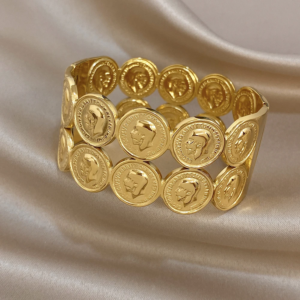 Retro Gold Plated Stainless Steel Cuff Bangle Bracelet Exaggerated Doulelayer Human Head Coin Patchwork Bracelets Party Jewelry
