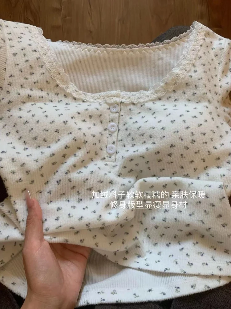 Exquisite Korea Chic Lace Print Top Female Ins Undershirt Slim Small Fellow Tshirts Small Fragrance French Style T-shirts