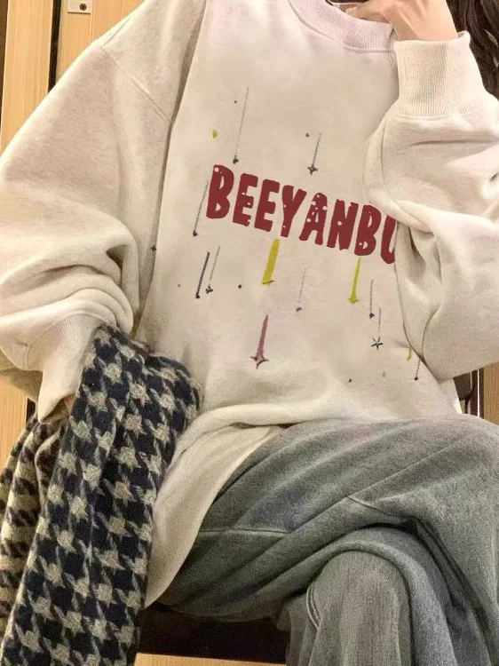 Sweat-shirt en coton de haute qualité pour femme, vêtement de sport amusant, doux, en peluche, vintage, blocage des broderies, col rond rayé, Y2K