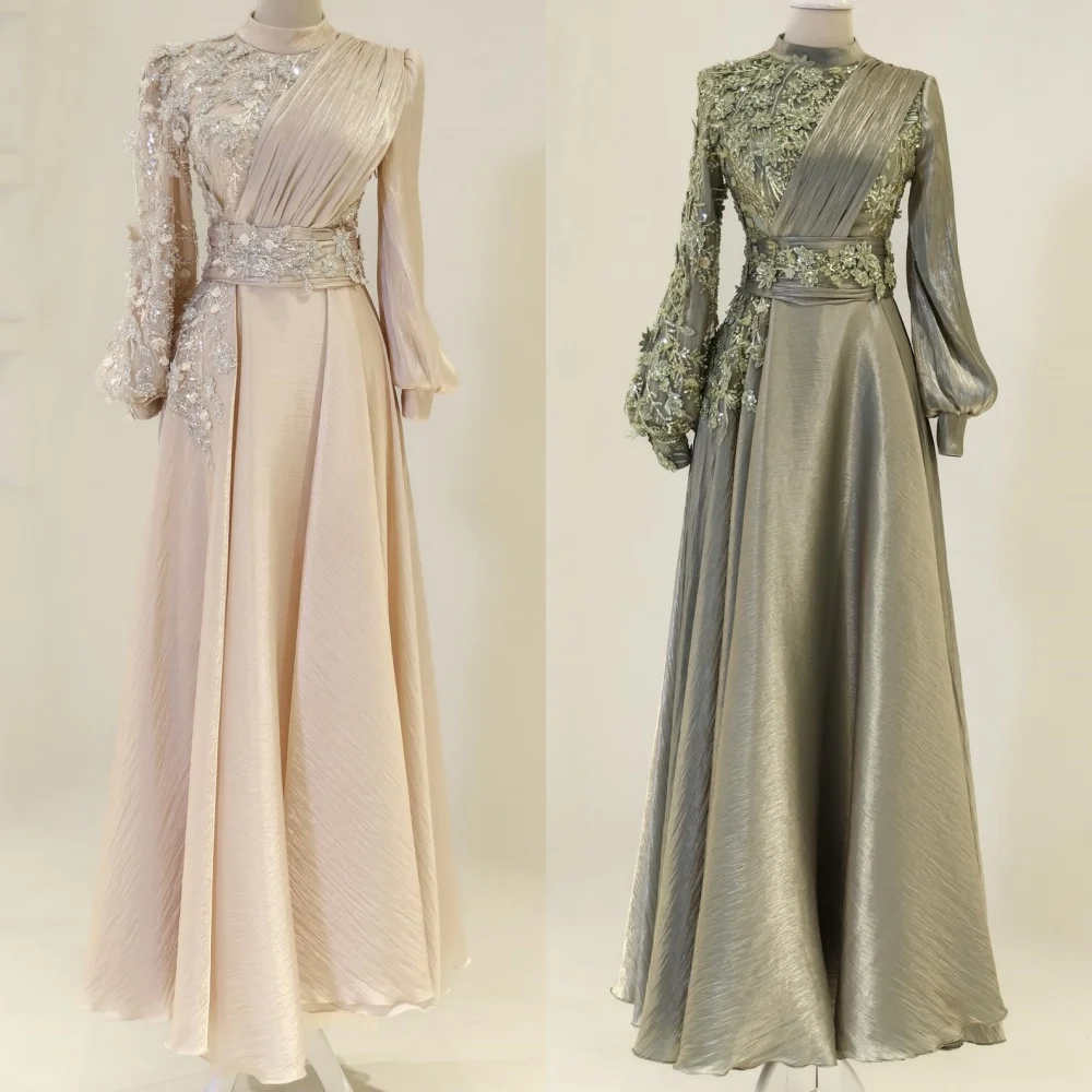 

Customized High Quality Intricate Handmade Flower Beading Sequined Straight High Collar Long Dresses Bespoke Occasion Dresses